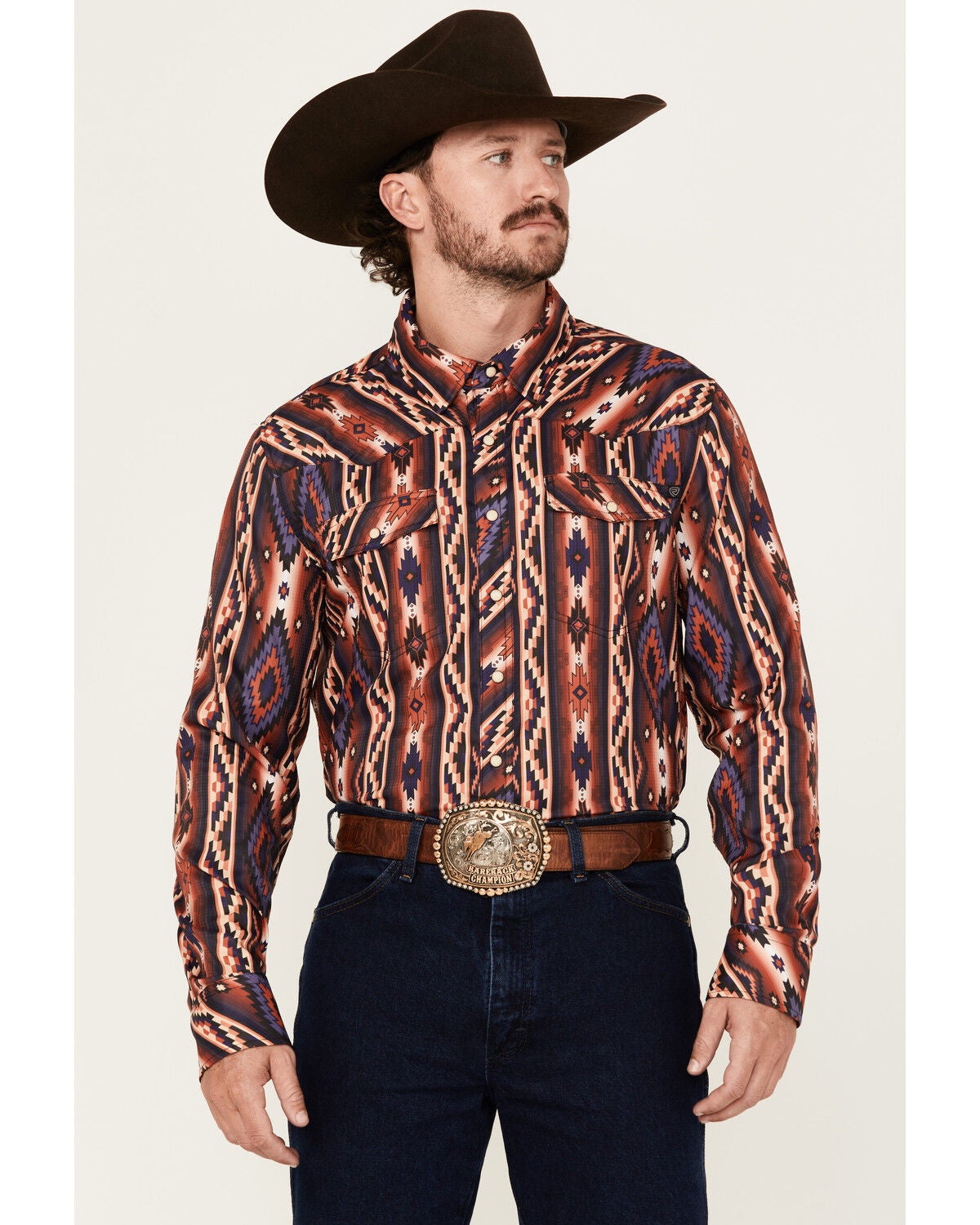 Rock & Roll Denim Men's Tek Southwestern Striped Long Sleeve Snap Western Shirt, Multi, hi-res