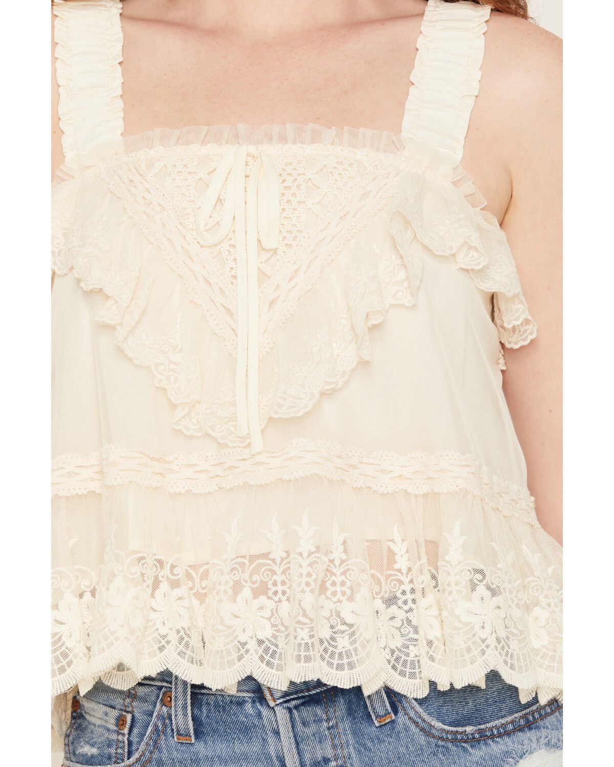 Image #3 - Miss Me Women's Sleeveless Lace Ruffle Top, Cream, hi-res