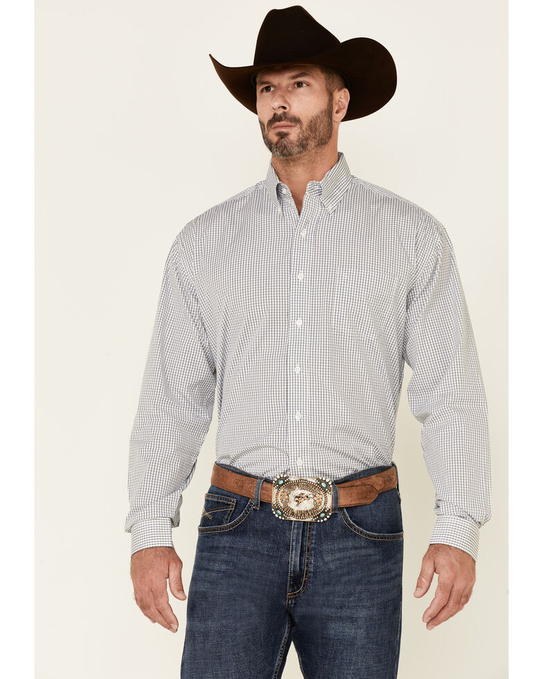 Stetson Men's Small Check Plaid Long Sleeve Button-Down Western Shirt , Blue, hi-res