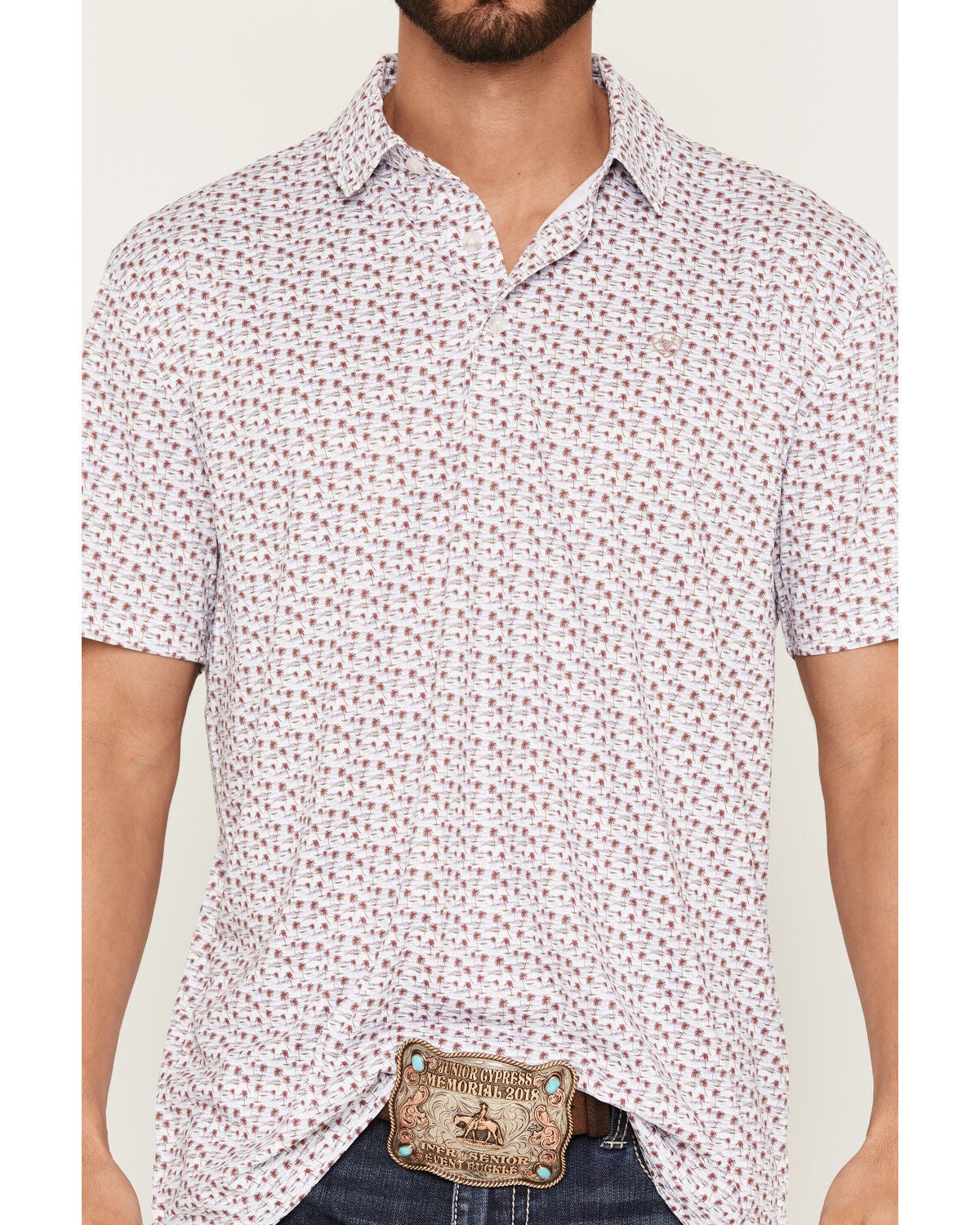 Image #3 - Ariat Men's All Over Palm Tree Print Classic Fit Polo, White, hi-res