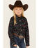 Image #1 - Wrangler Girls' Boot Print Long Sleeve Snap Western Shirt, Black, hi-res
