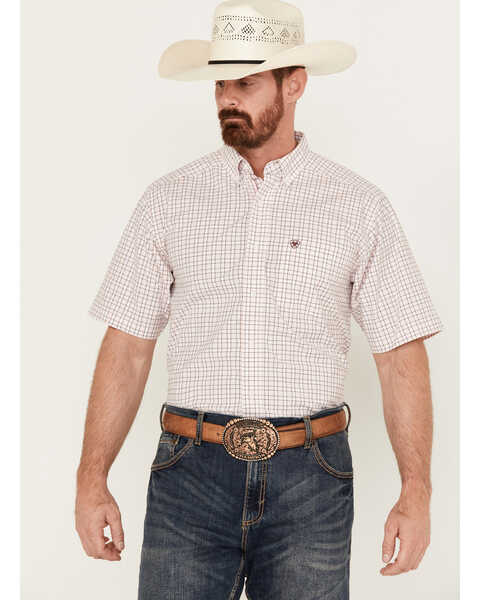 Ariat Men's Anson Plaid Print Classic Fit Short Sleeve Button-Down Western Shirt - Big, Light Pink, hi-res