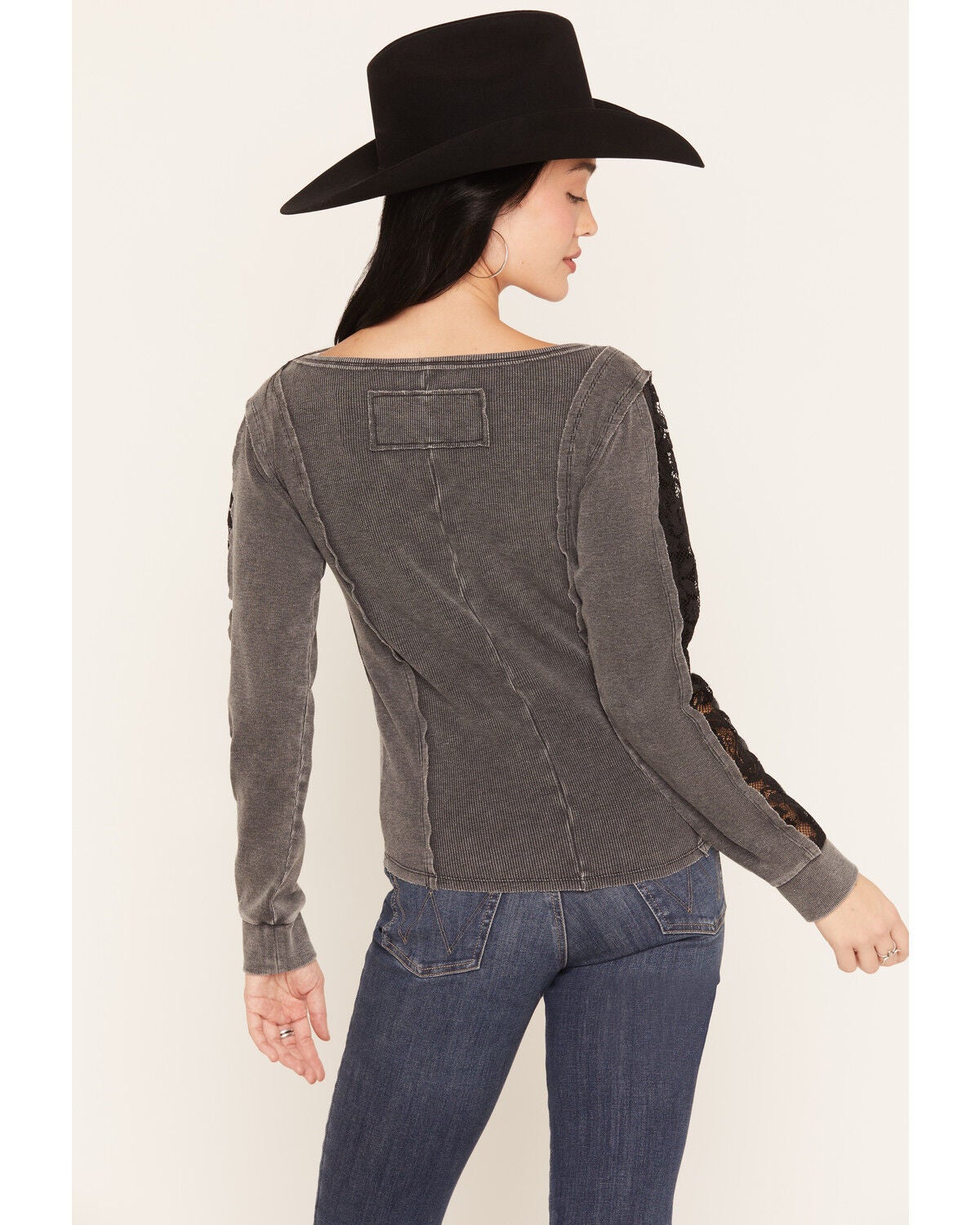 Image #3 - Blended Women's Contrast Stitch Lace Long Sleeve Top, Black, hi-res