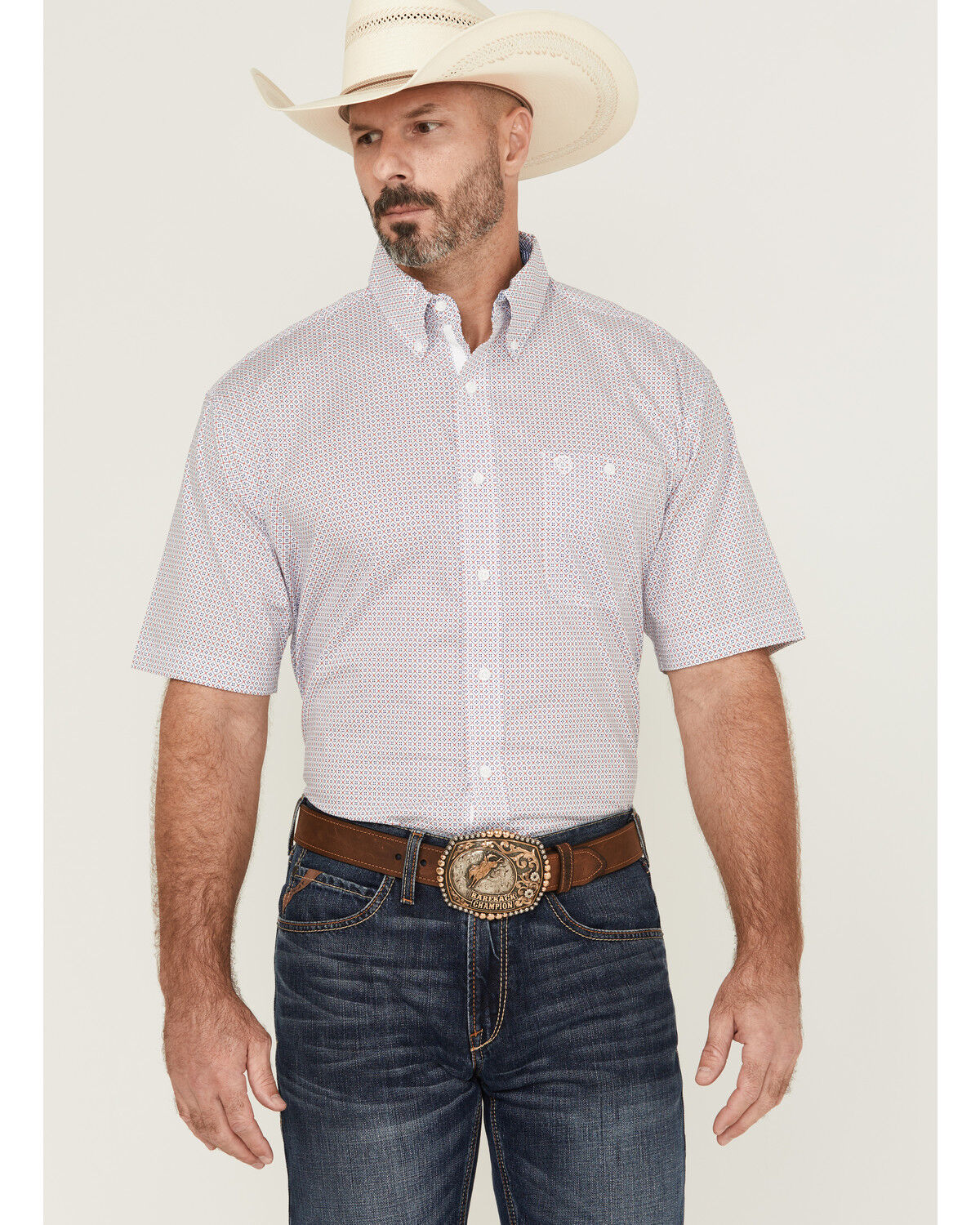 Image #1 - George Strait by Wrangler Men's Geo Print Short Sleeve Button-Down Stretch Western Shirt, Red, hi-res