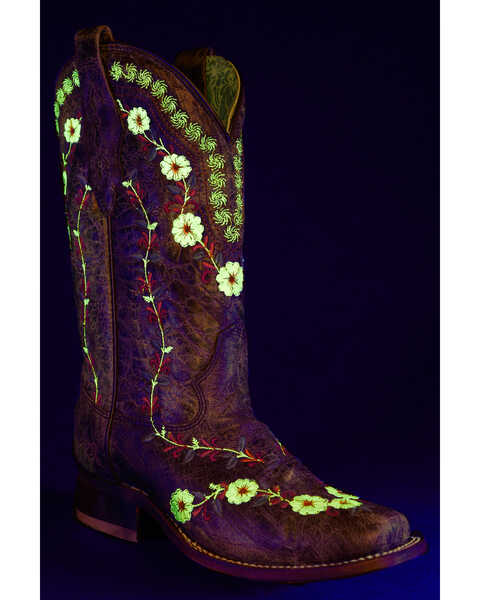 Image #1 - Corral Women's Floral Blacklight Western Boots - Square Toe , Black, hi-res