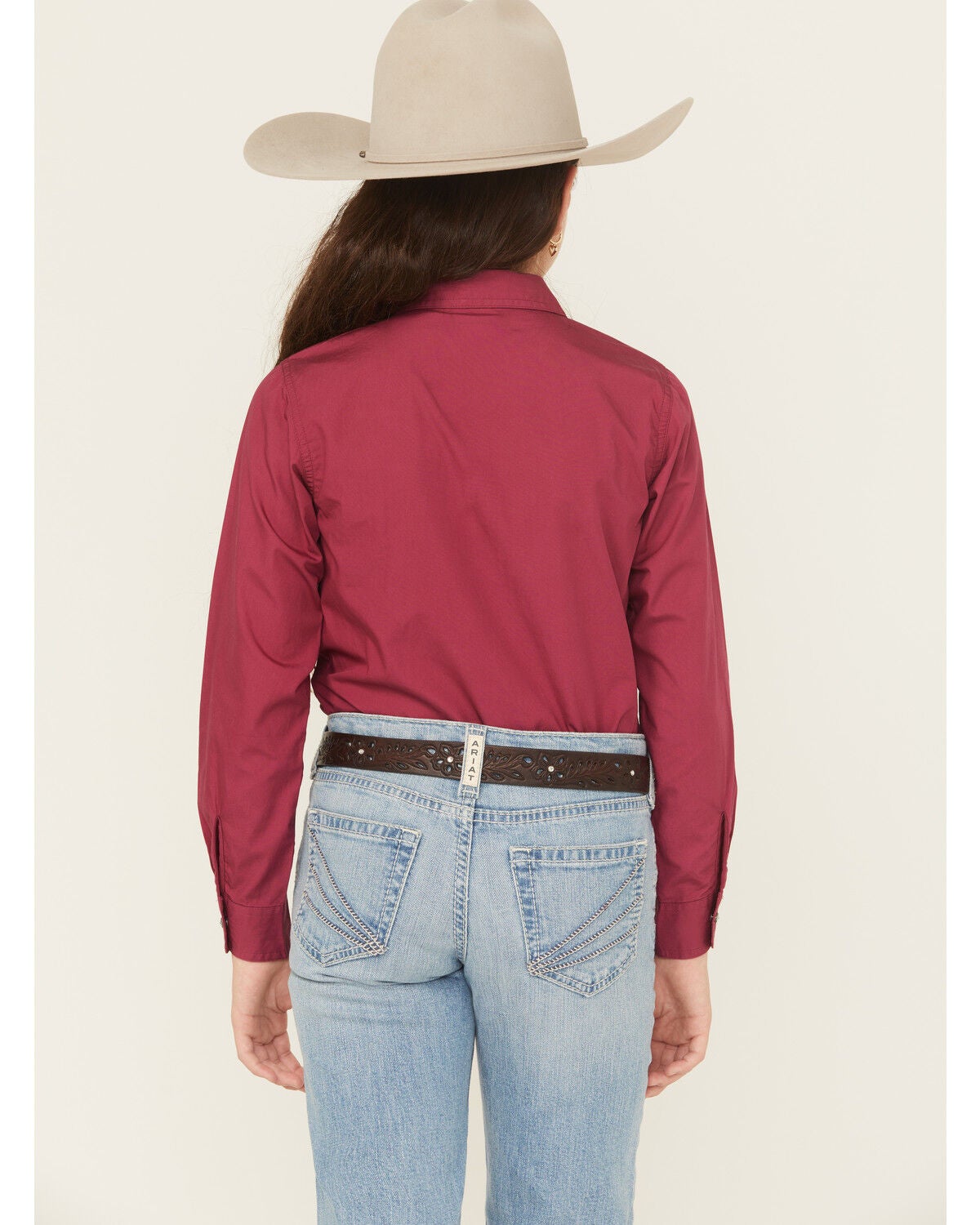 Image #4 - Ariat Girls' Shine Bright Solid Long Sleeve Rhinestone Snap Western Shirt, Maroon, hi-res