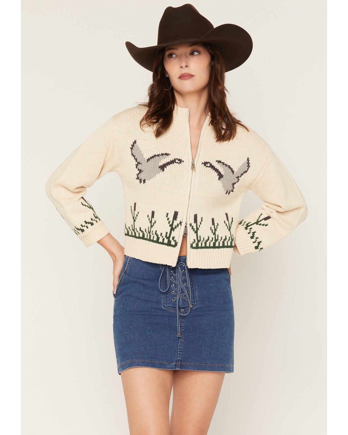 Sadie & Sage Women's Goose Zip-Up Sweater, Cream, hi-res