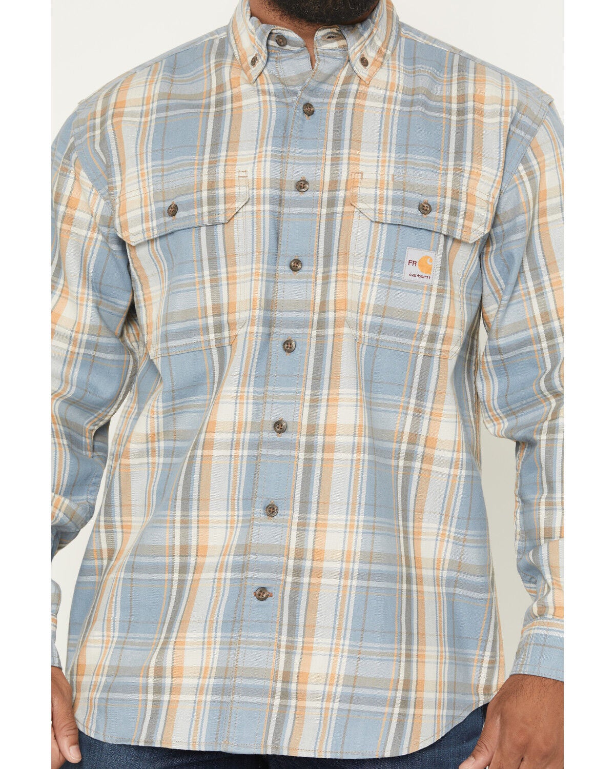 Image #3 - Carhartt Men's FR Plaid Print Long Sleeve Button-Down Work Shirt, Steel Blue, hi-res