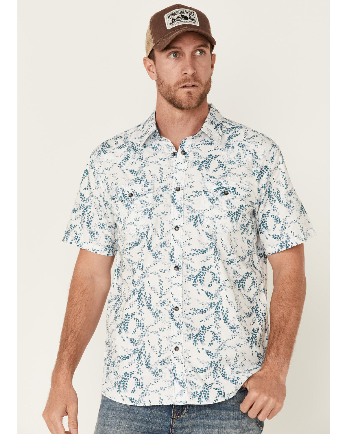 Image #1 - Moonshine Spirit Men's Vineyard Floral Print Short Sleeve Snap Western Shirt, White, hi-res