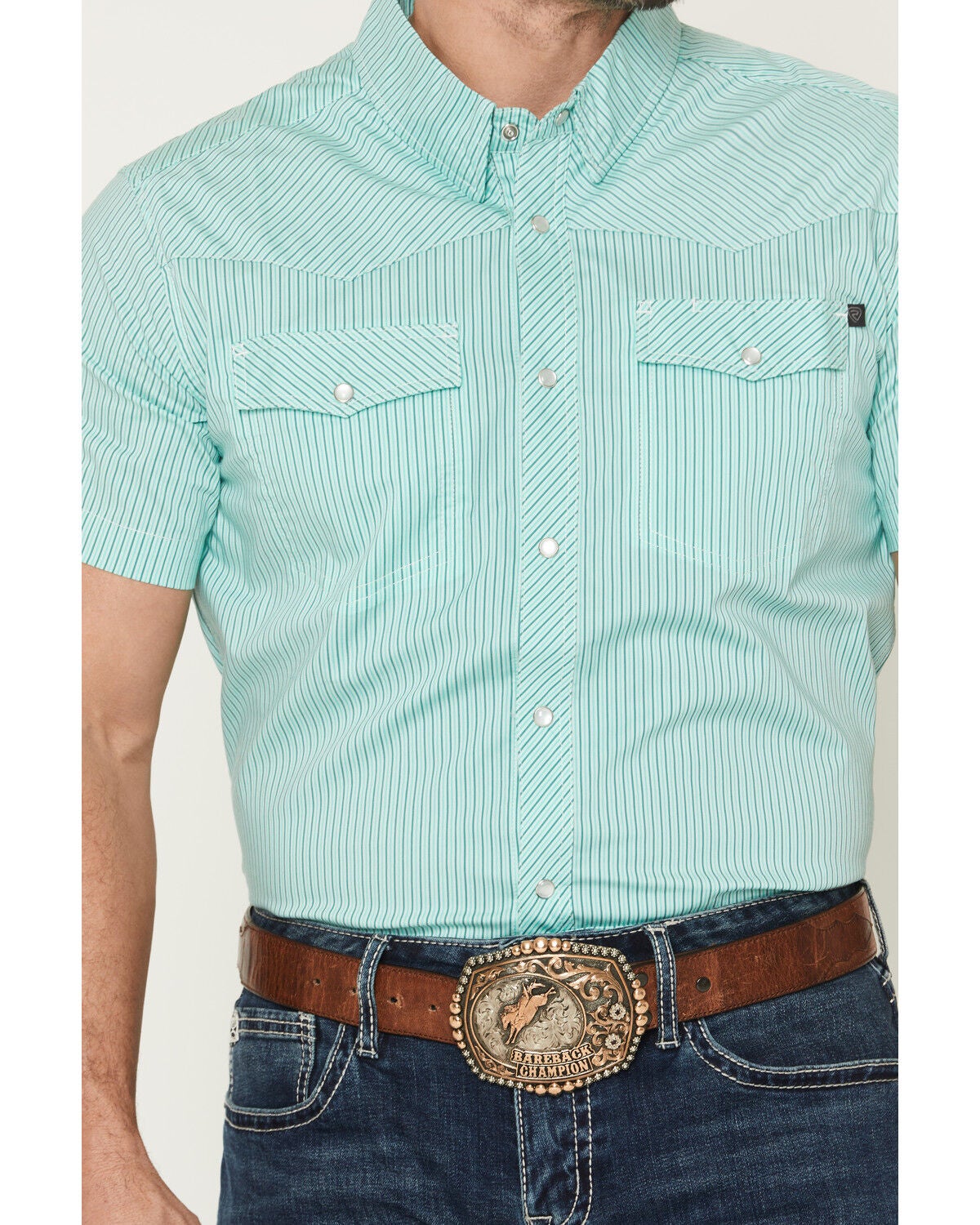Image #3 - Rock & Roll Denim Men's TEK Core Striped Short Sleeve Pearl Snap Stretch Western Shirt, Turquoise, hi-res