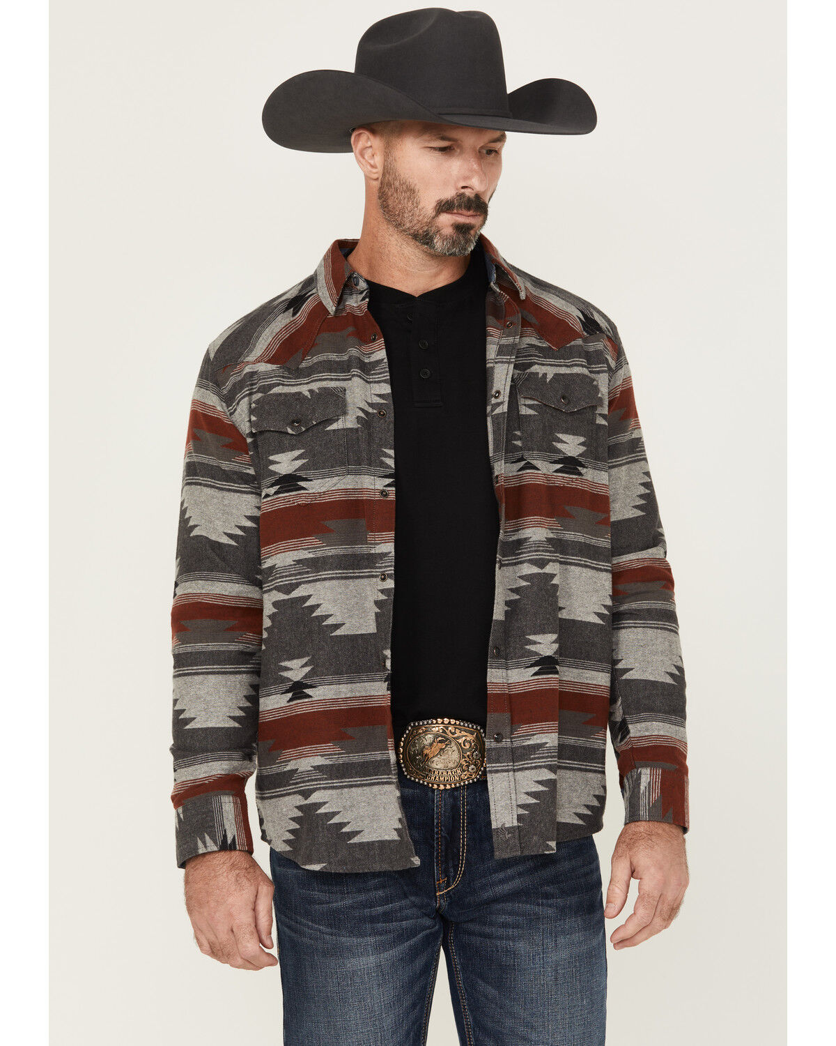 Image #1 - Cody James Men's Atoka Southwestern Print Long Sleeve Snap Western Shirt, Grey, hi-res
