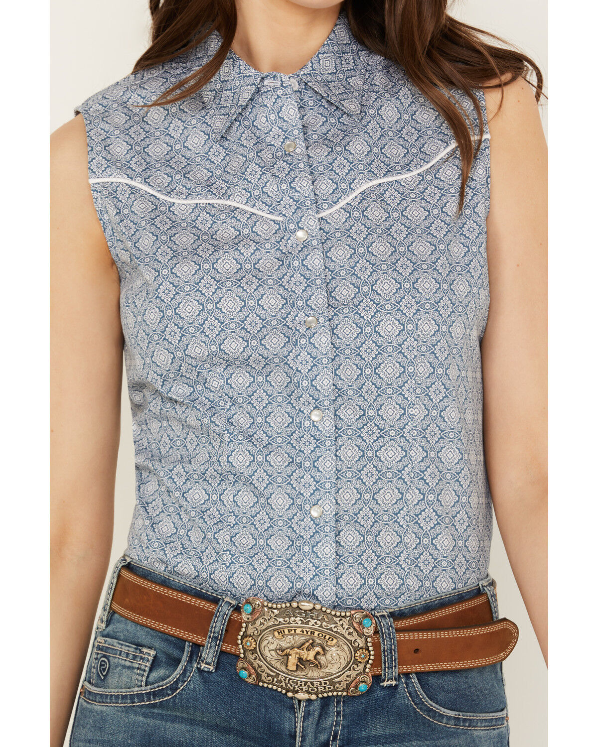 Image #3 - Ely Walker Women's Medallion Print Sleeveless Pearl Snap Western Shirt, Blue, hi-res