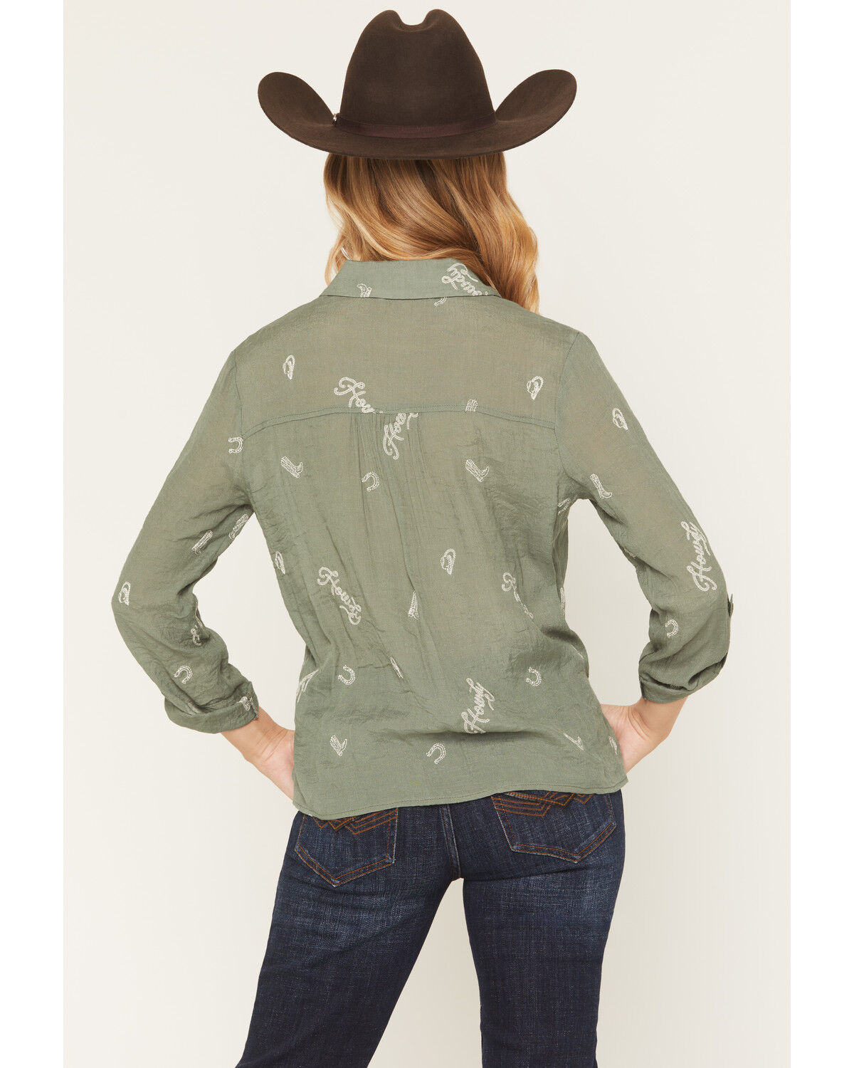 Image #4 - June & Hudson Women's Western Embroidered 3/4 Sleeve Button-Down Shirt, Olive, hi-res