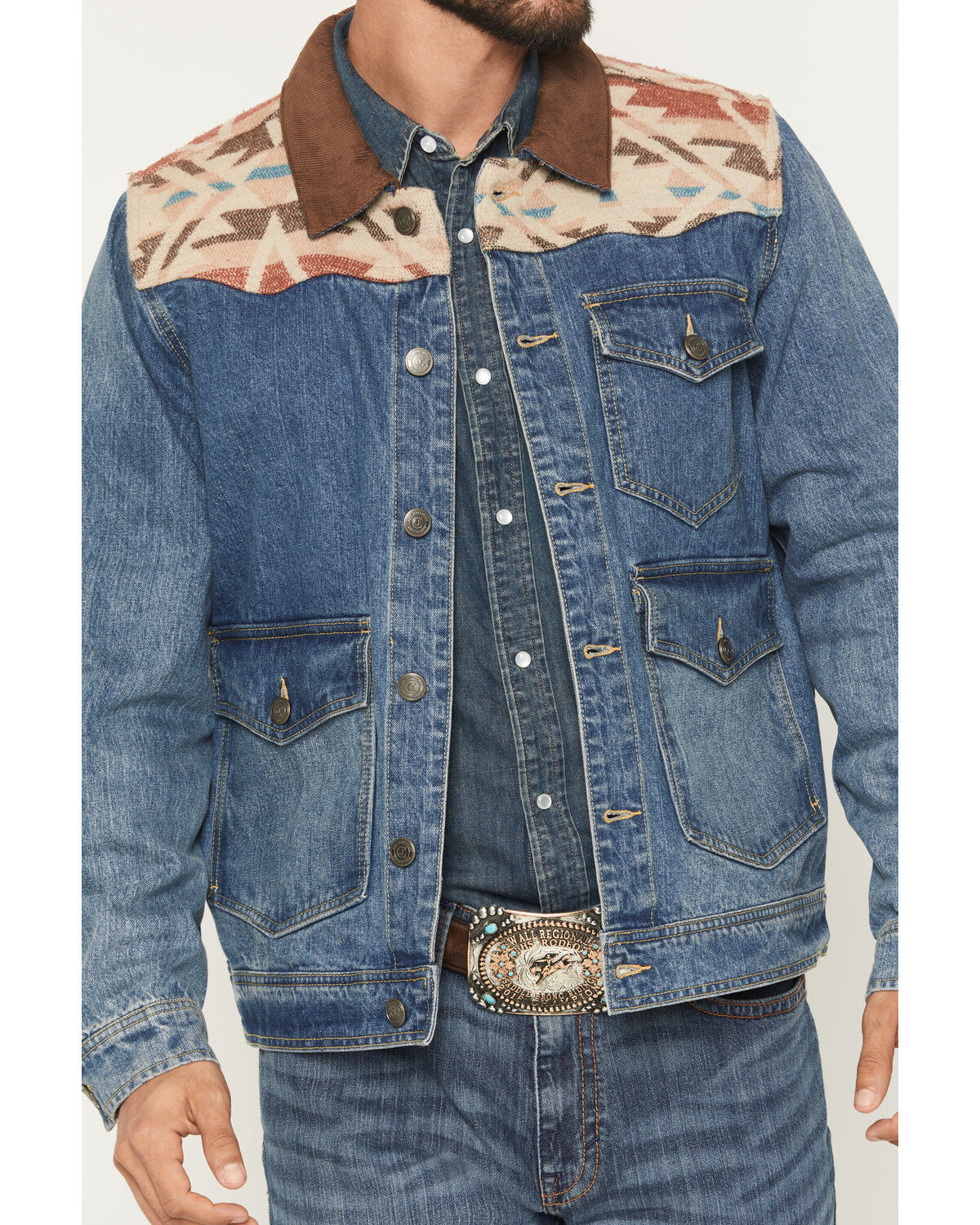 Image #3 - Cody James Men's Southwestern Blanket Yoke Unlined Denim Jacket, Medium Wash, hi-res