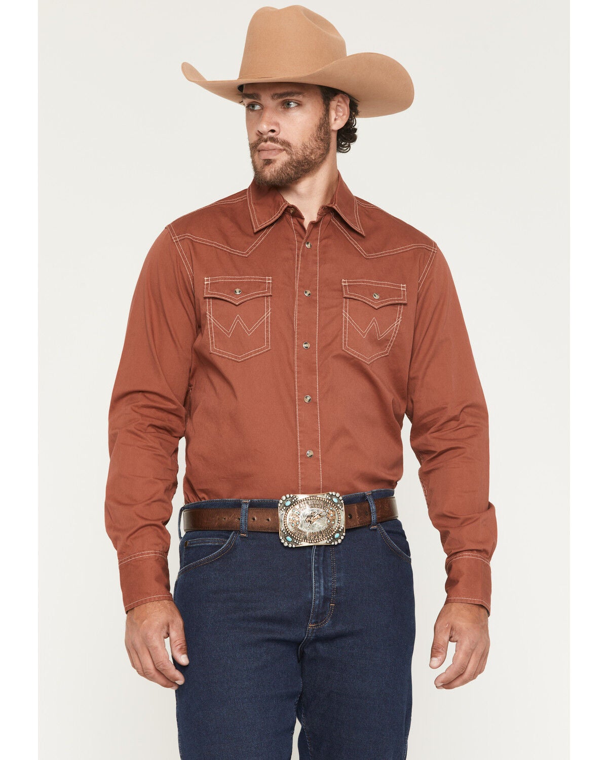 Image #1 - Wrangler Retro Men's Solid Long Sleeve Snap Western Shirt, Rust Copper, hi-res