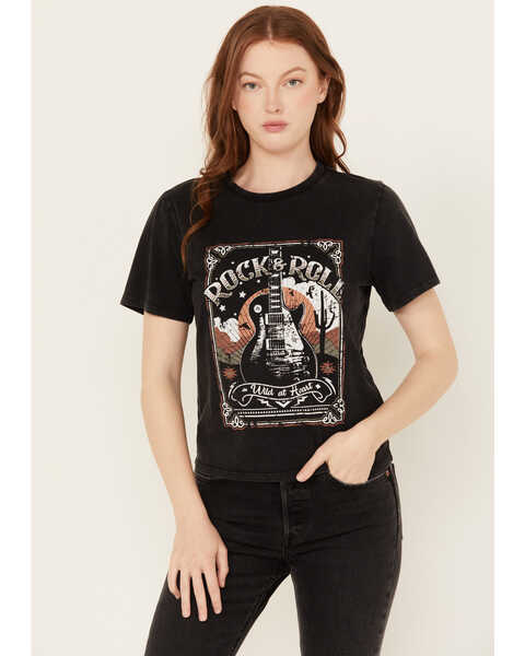 Image #1 - Rock & Roll Denim Women's Rock & Roll Short Sleeve Graphic Tee, Black, hi-res