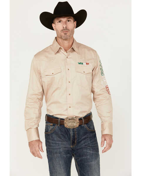 Image #1 - Wrangler Men's Logo Mexico Long Sleeve Snap Western Shirt, Tan, hi-res