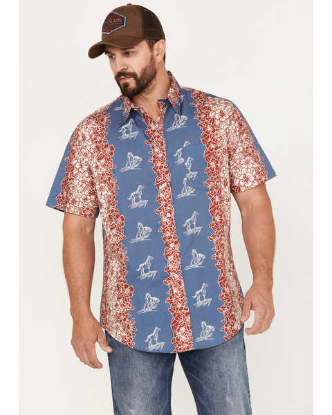 Tin Haul Men's Paniolo Tropical Horse Print Short Sleeve Western Shirt , Blue, hi-res