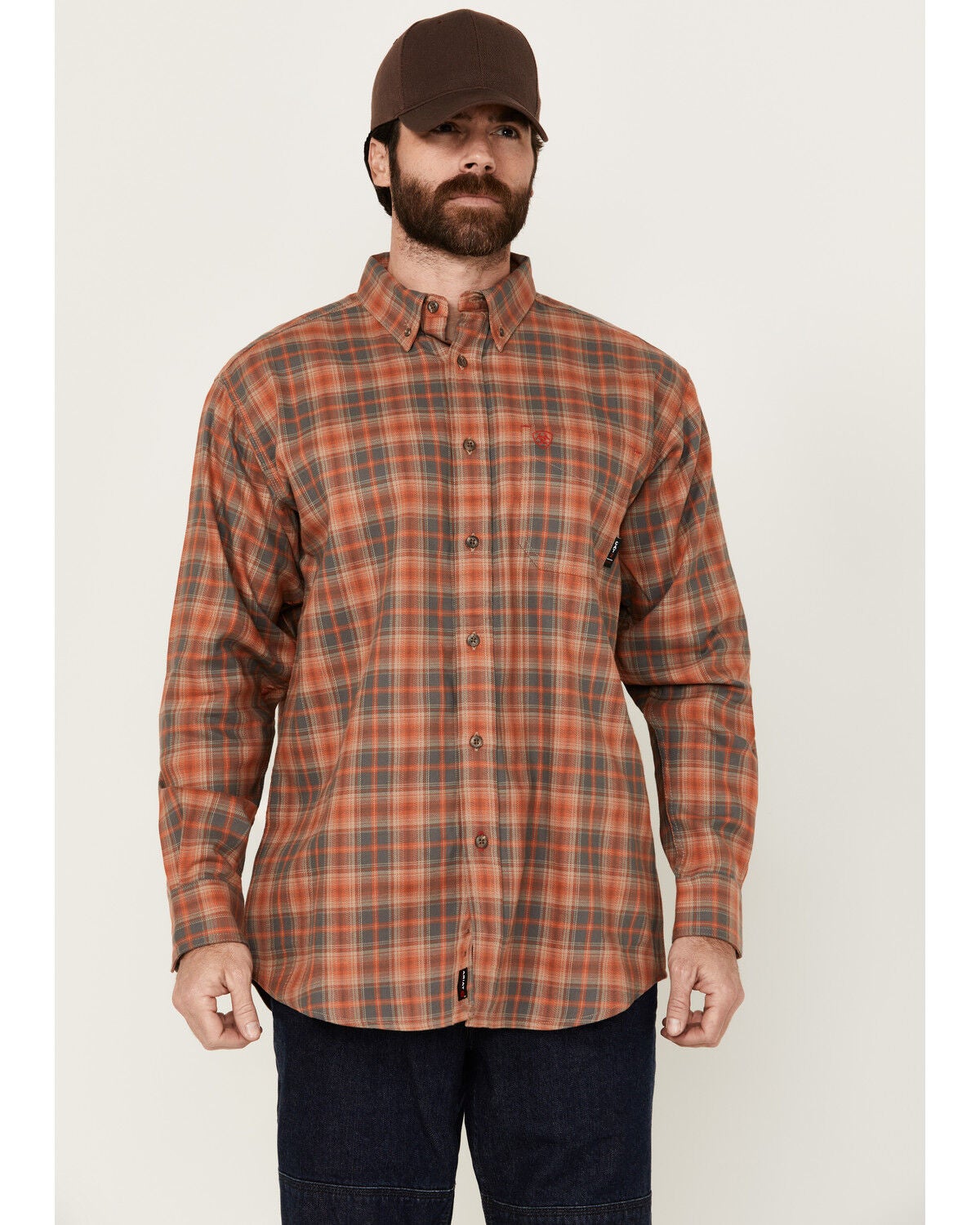 Ariat Men's FR Olympic Long Sleeve Button-Down Work Shirt, Beige, hi-res