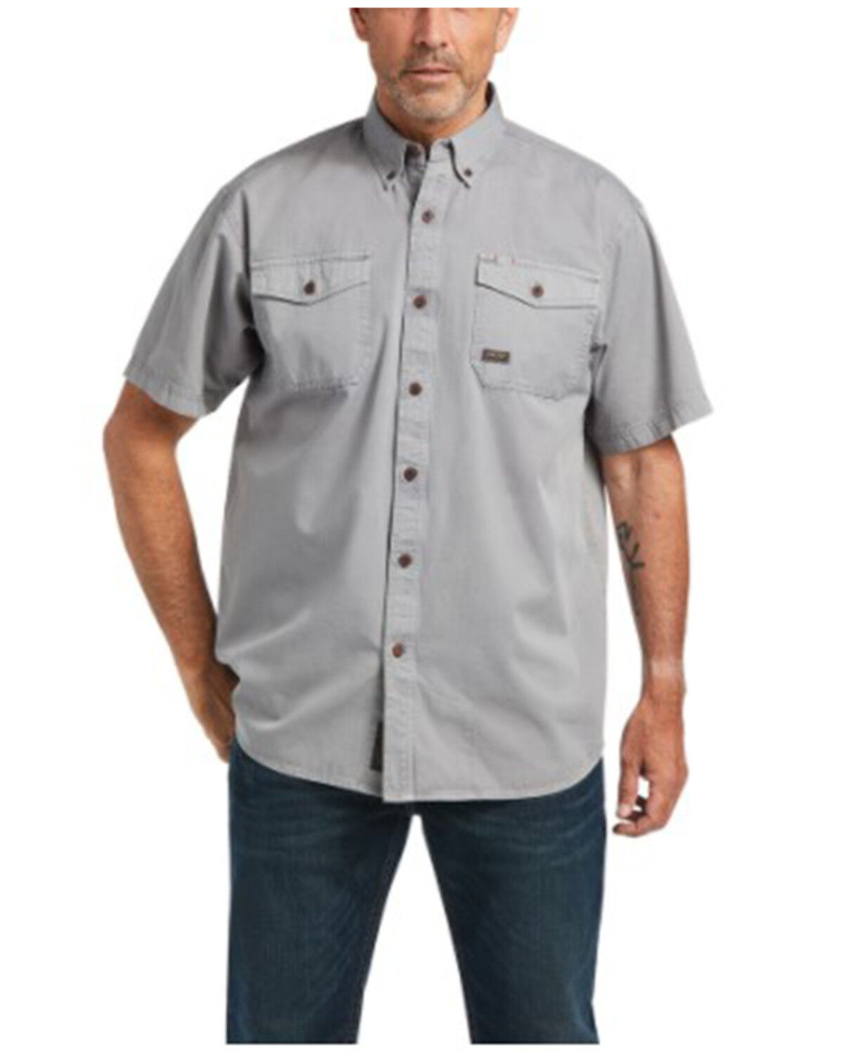 Image #1 - Ariat Men's Solid Rebar Washed Twill Short Sleeve Button Down Work Shirt, Grey, hi-res