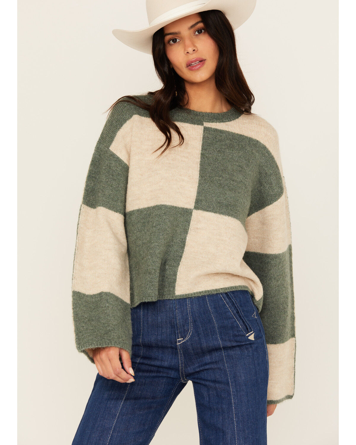 Image #1 - White Crow Women's Checkerboard Sweater, Green, hi-res