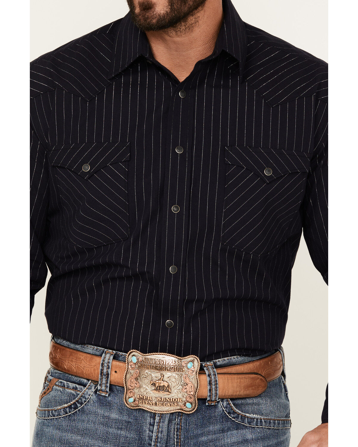 Image #2 - Rough Stock by Panhandle Men's Striped Long Sleeve Snap Western Shirt, Black, hi-res
