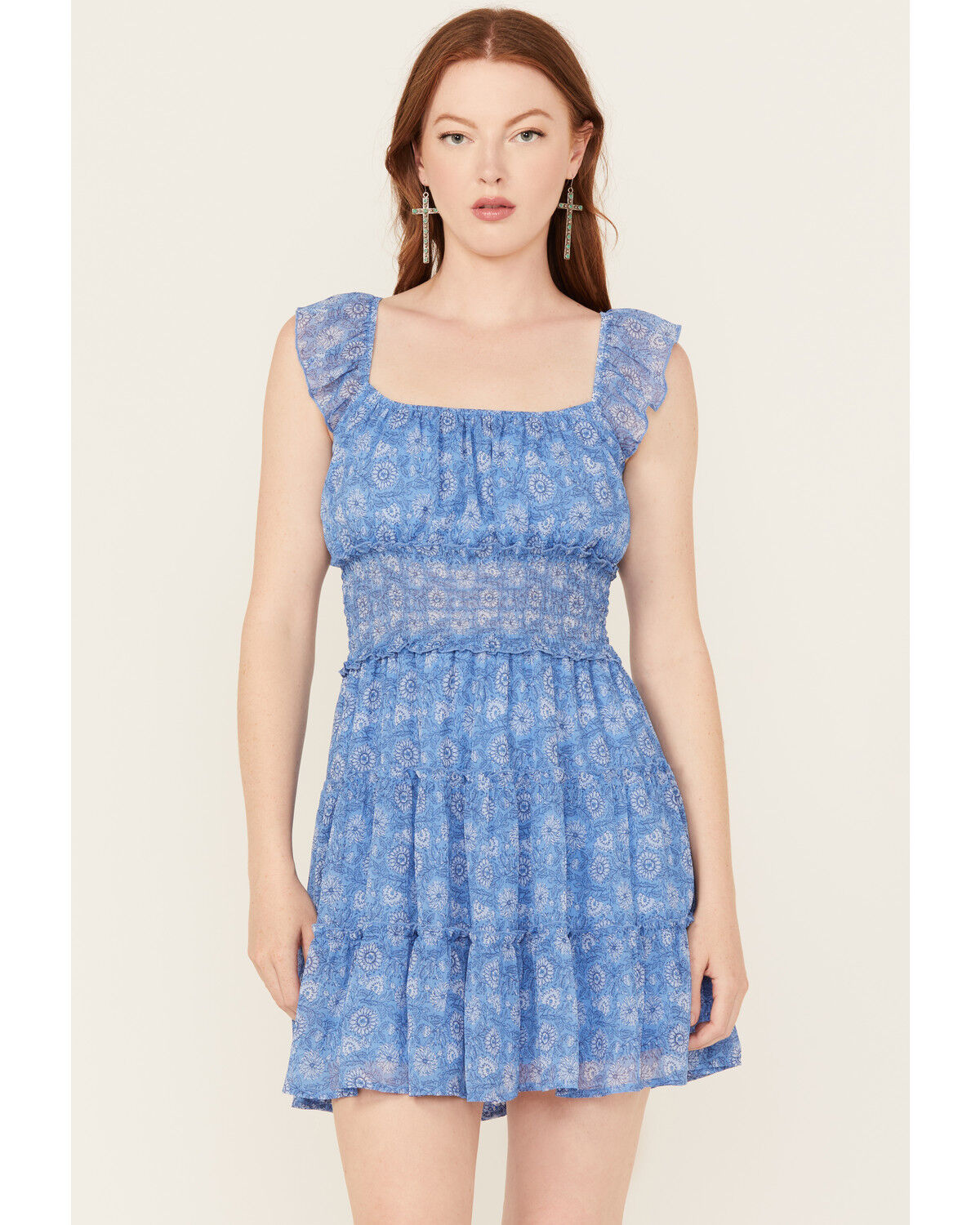 Image #1 - Trixxi Women's Floral Print Smocked Waist Mini Dress, Blue, hi-res