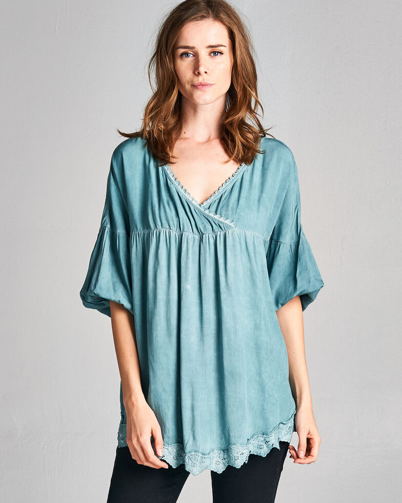Hyku Women's Faded Floral Crochet Hem Top , Blue, hi-res