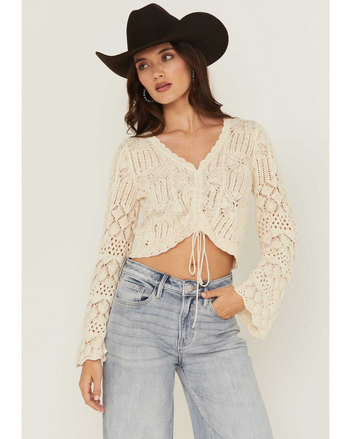 Image #1 - Shyanne Women's Ruched Front Bell Sleeve Sweater, Ivory, hi-res