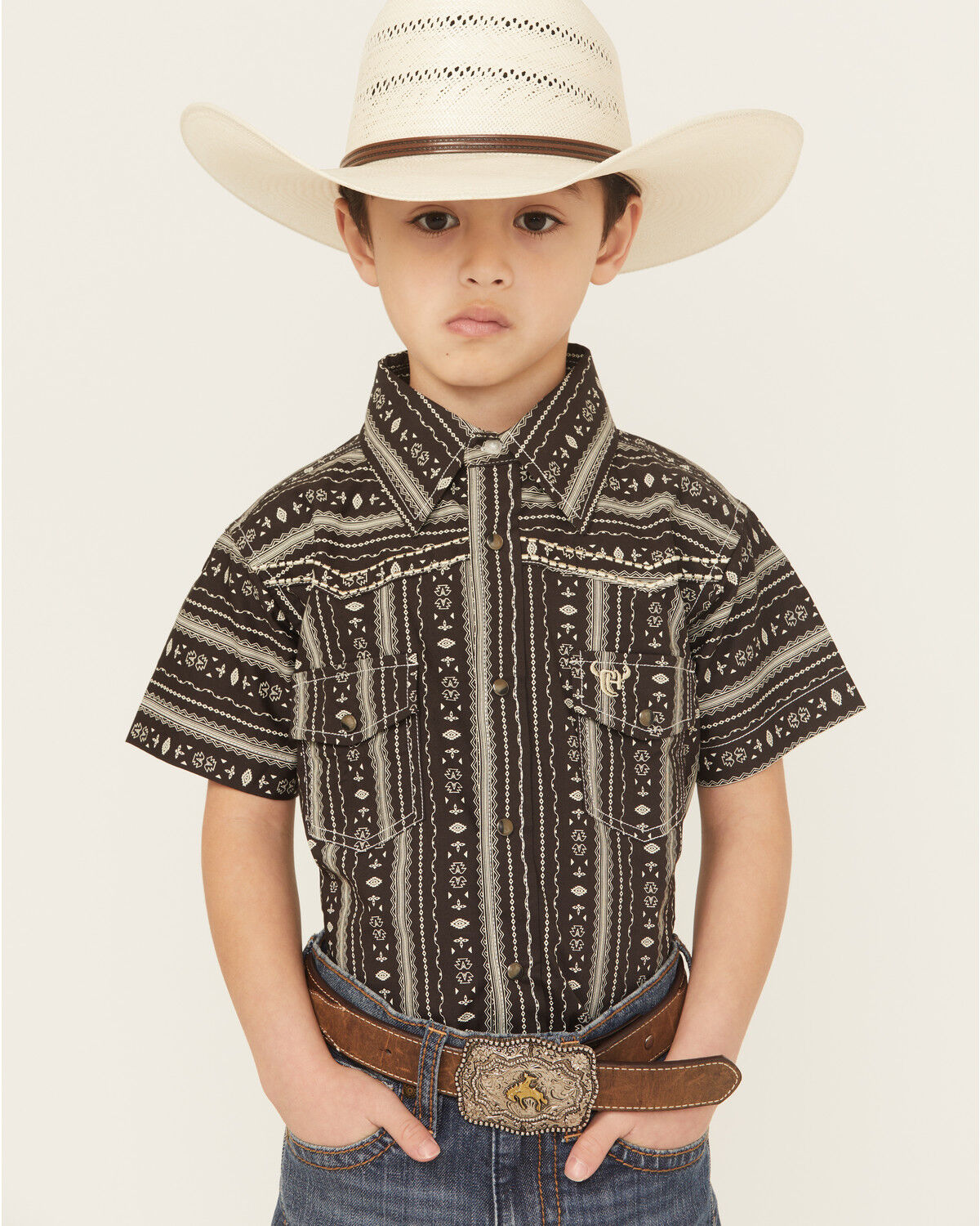 Image #1 - Cowboy Hardware Boys' Stripe Southwestern Print Short Sleeve Snap Stretch Western Shirt, Chocolate, hi-res