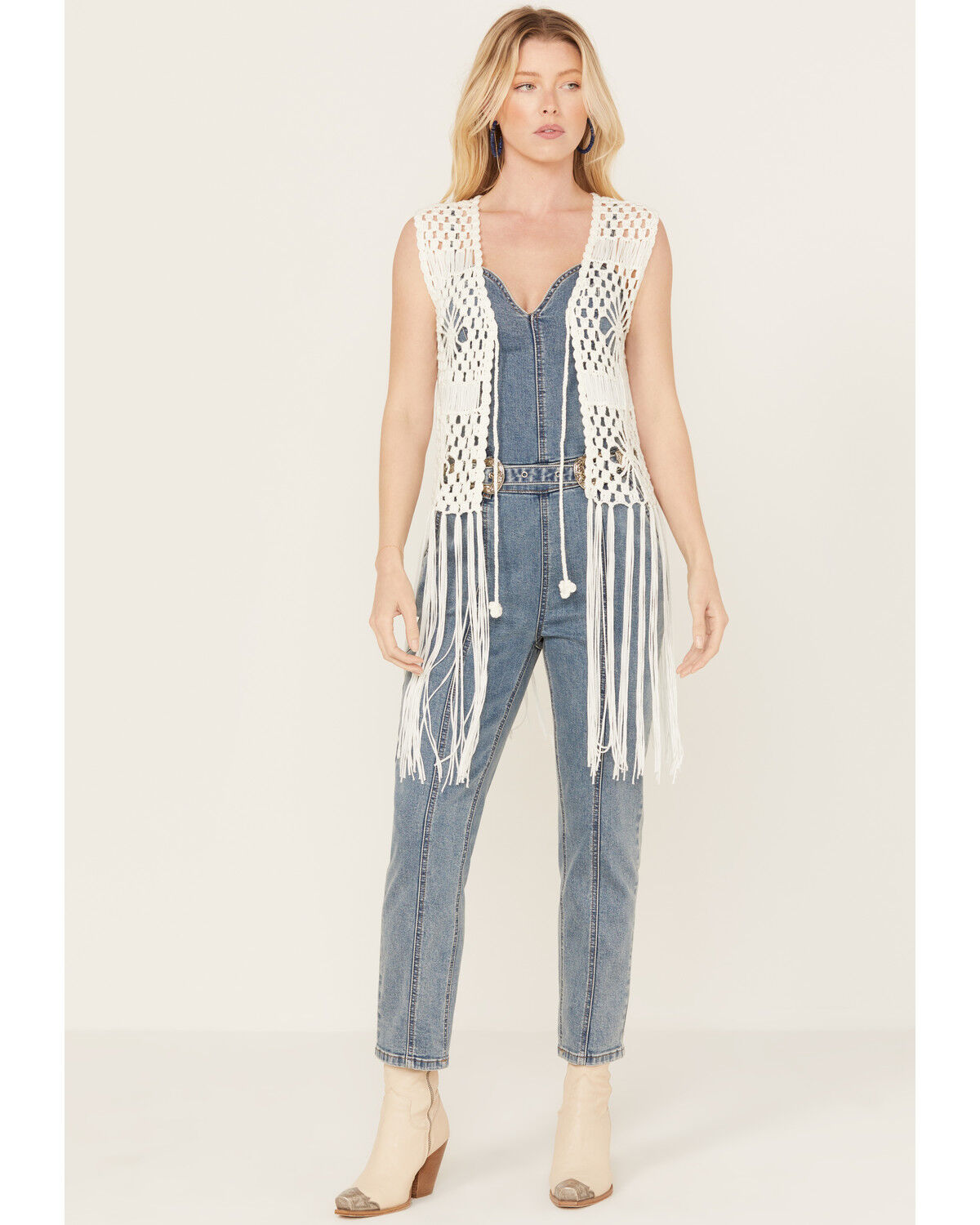 Image #1 - Rock & Roll Denim Women's Crochet Fringe Vest, Cream, hi-res