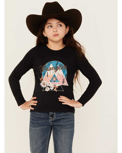 Wrangler Girls' Desert Scene Long Sleeve Graphic T-Shirt, Black, hi-res