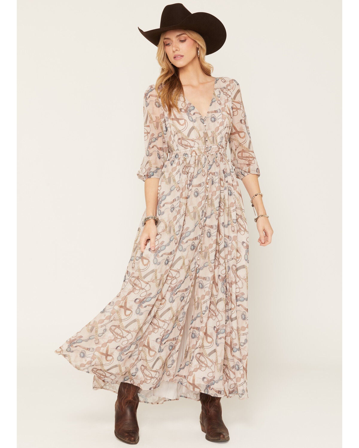 Image #1 - Shyanne Women's Pathfinder Printed Long Sleeve Button-Front Maxi Dress, Natural, hi-res