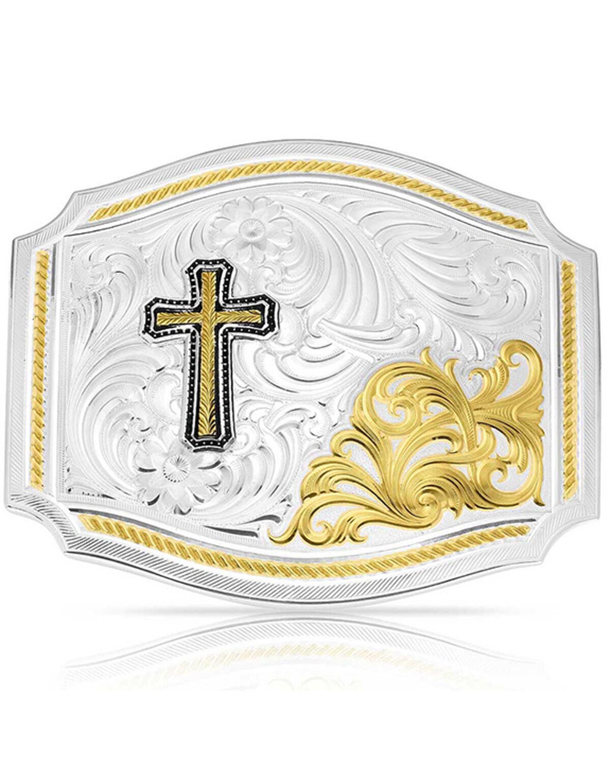 Montana Silversmiths Men's Two-Toned Cross Belt Buckle, Silver, hi-res