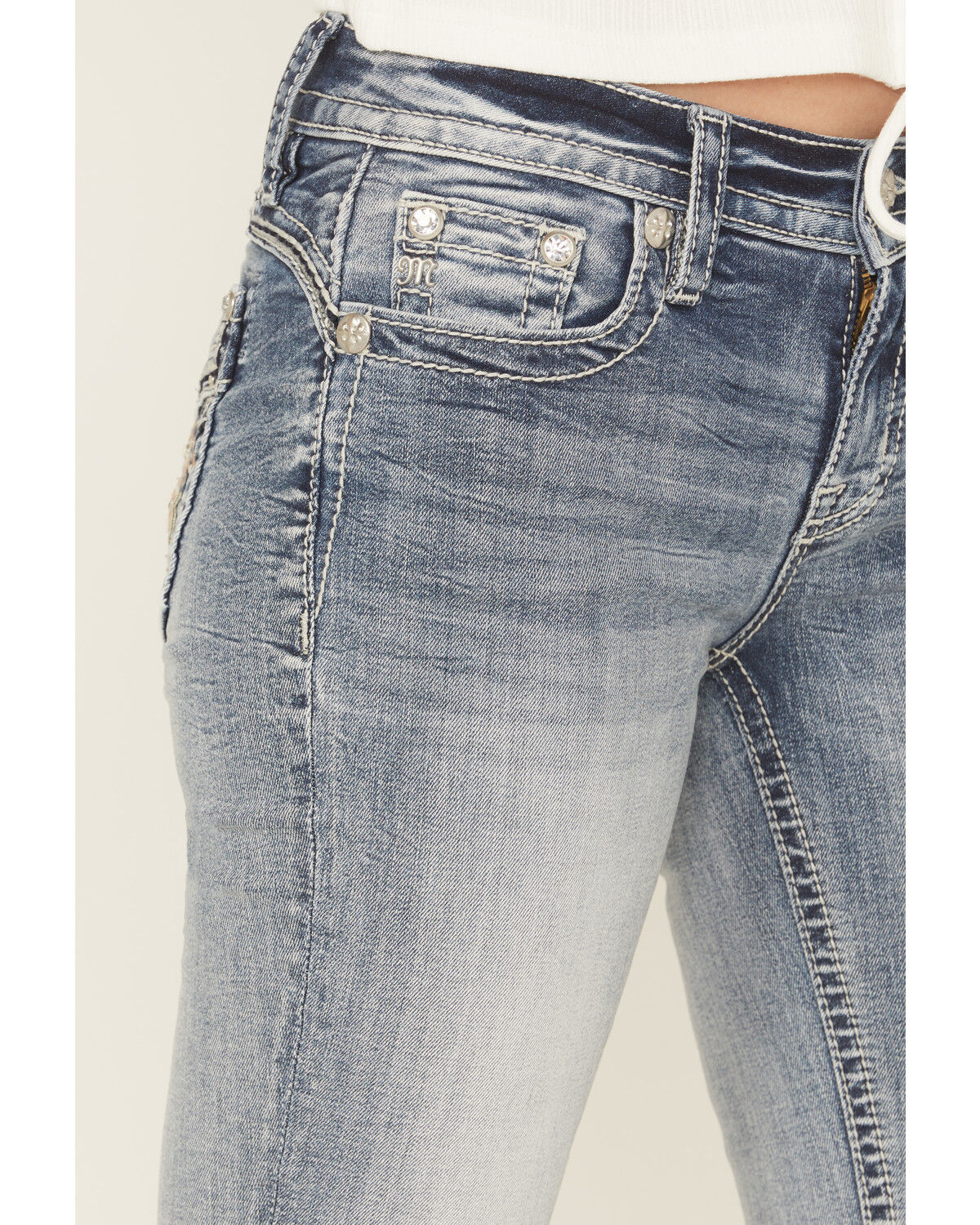 Image #4 - Miss Me Women's Light Wash Mid Rise Floral Embroidered Bootcut Stretch Denim Jeans, Light Wash, hi-res