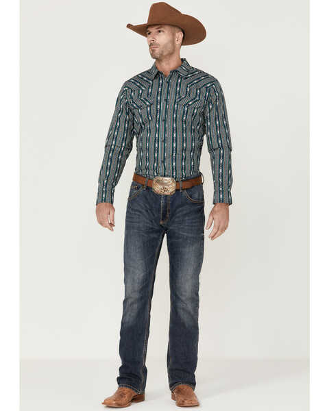 Image #2 - Gibson Men's Bone Southwestern Striped Long Sleeve Snap Western Shirt , Teal, hi-res