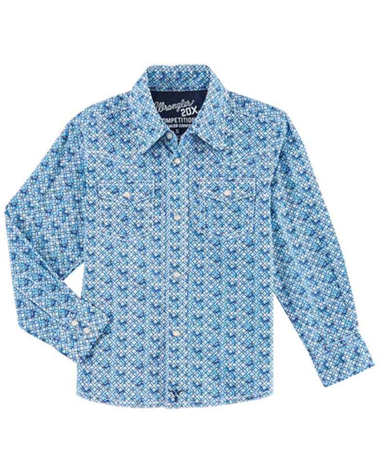 Wrangler Boys' 20X Geo Print Long Sleeve Western Snap Shirt, Blue, hi-res