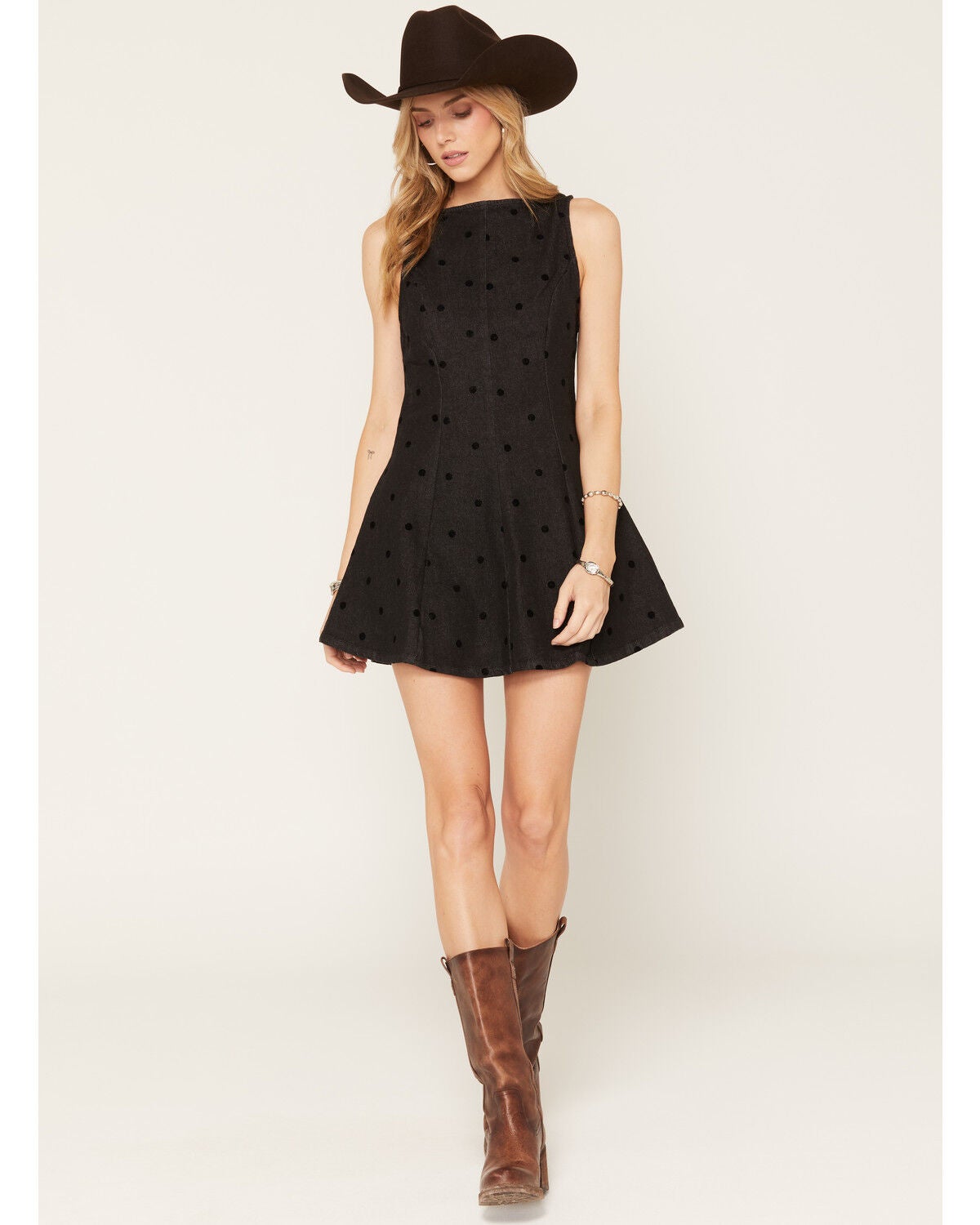 Cleo + Wolf Women's Polka Dot Denim Sleeveless Mini Dress, Black, hi-res
