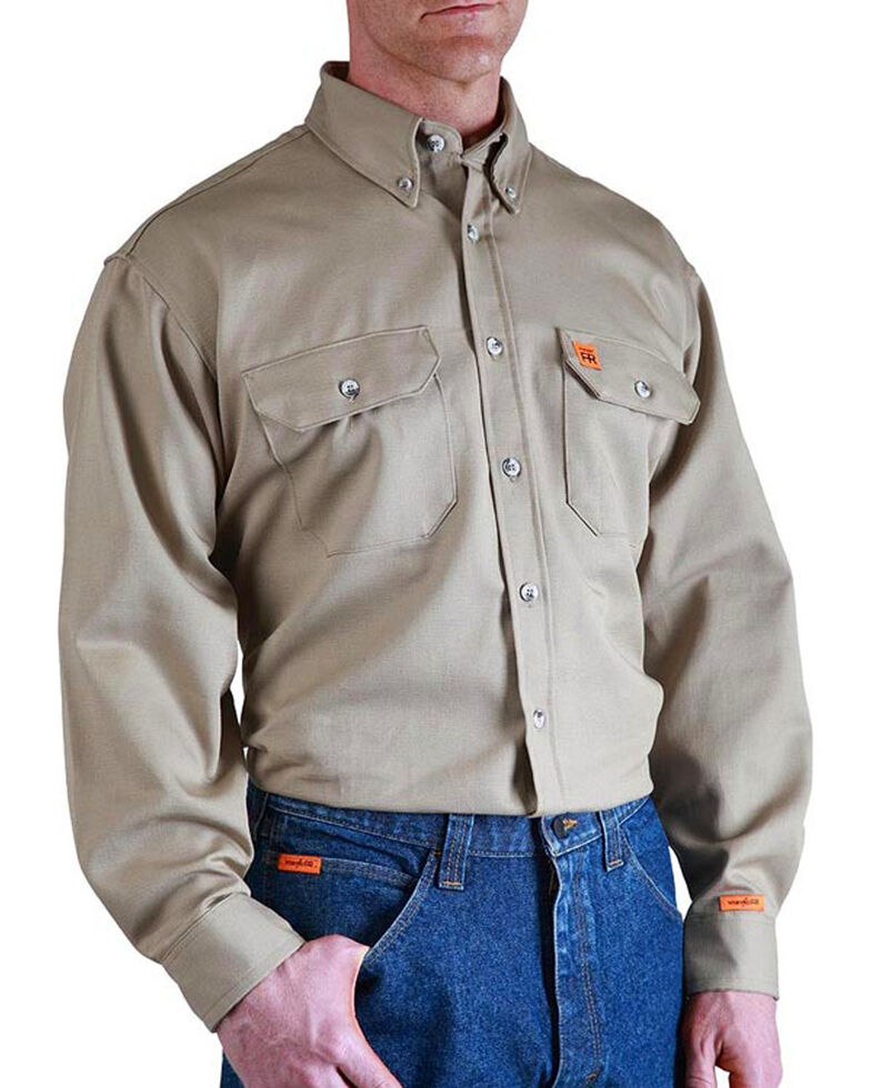 Wrangler Men's Khaki Flame Resistant Long Sleeve Work Shirt - Big & Tall, Beige/khaki, hi-res