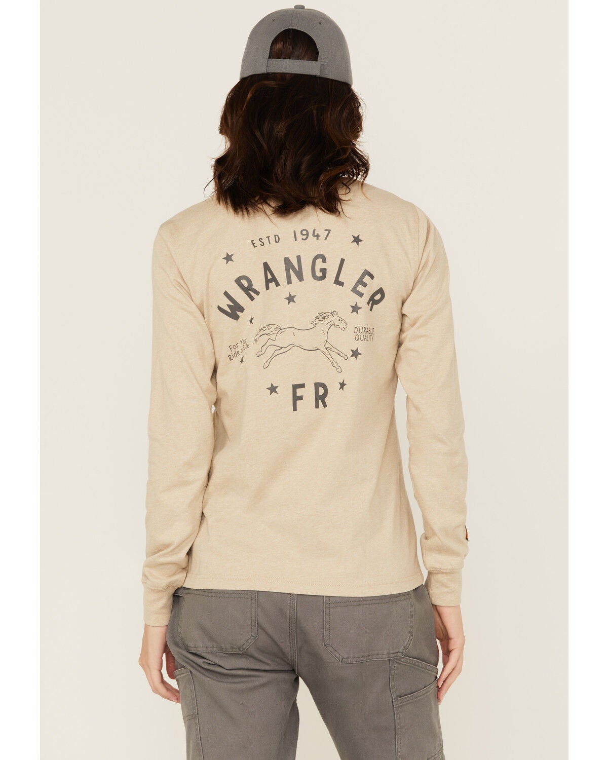 Wrangler Women's FR Pony Long Sleeve Graphic Work T-Shirt, Tan, hi-res