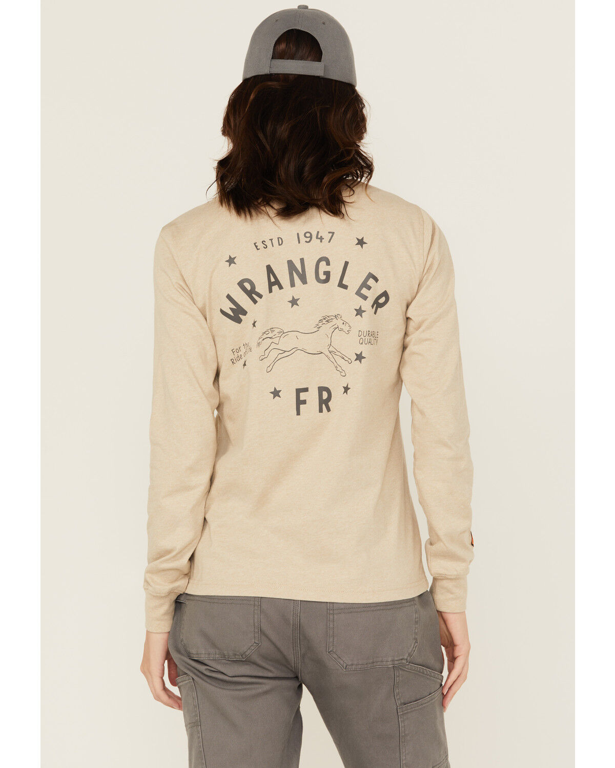 Image #1 - Wrangler Women's FR Pony Long Sleeve Graphic Work T-Shirt, Tan, hi-res