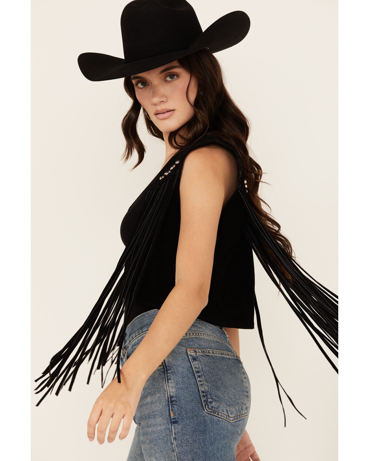 Image #2 - West And Co Women's Cya Later Horseshoe Studded Fringe Vest, Black, hi-res