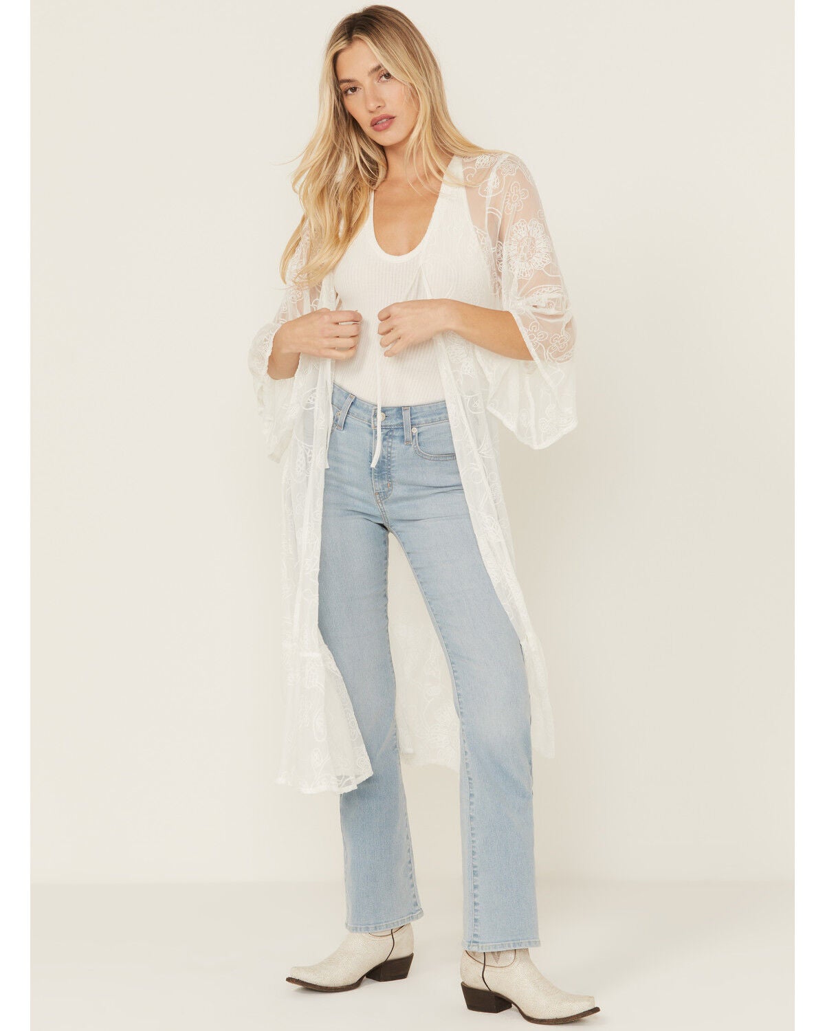 Shyanne Women's Tie-Front Embroidered Mesh Kimono, Ivory, hi-res