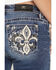 Image #2 - Miss Me Women's Medium Wash Mid Rise Fleur De Lis Pocket 32" Bootcut Stretch Denim Jeans, Medium Wash, hi-res