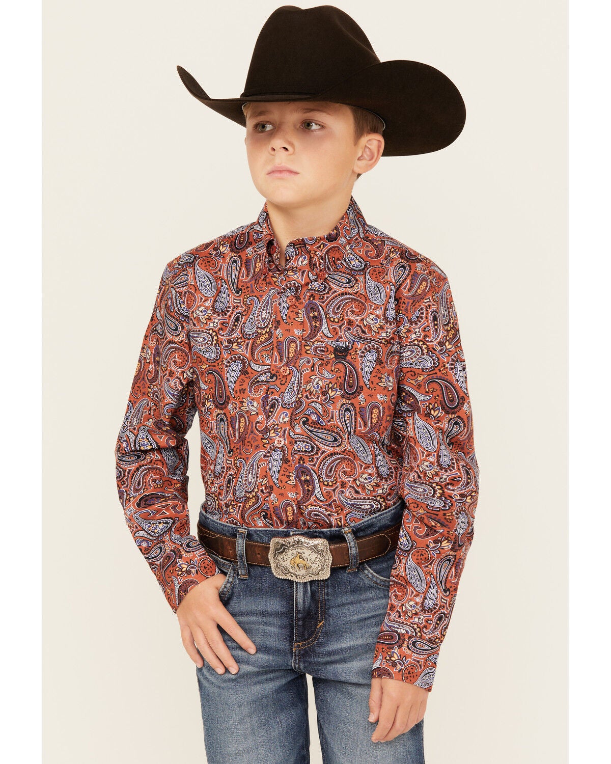 Cinch Boys' Paisley Print Long Sleeve Button-Down Western Shirt, Orange, hi-res