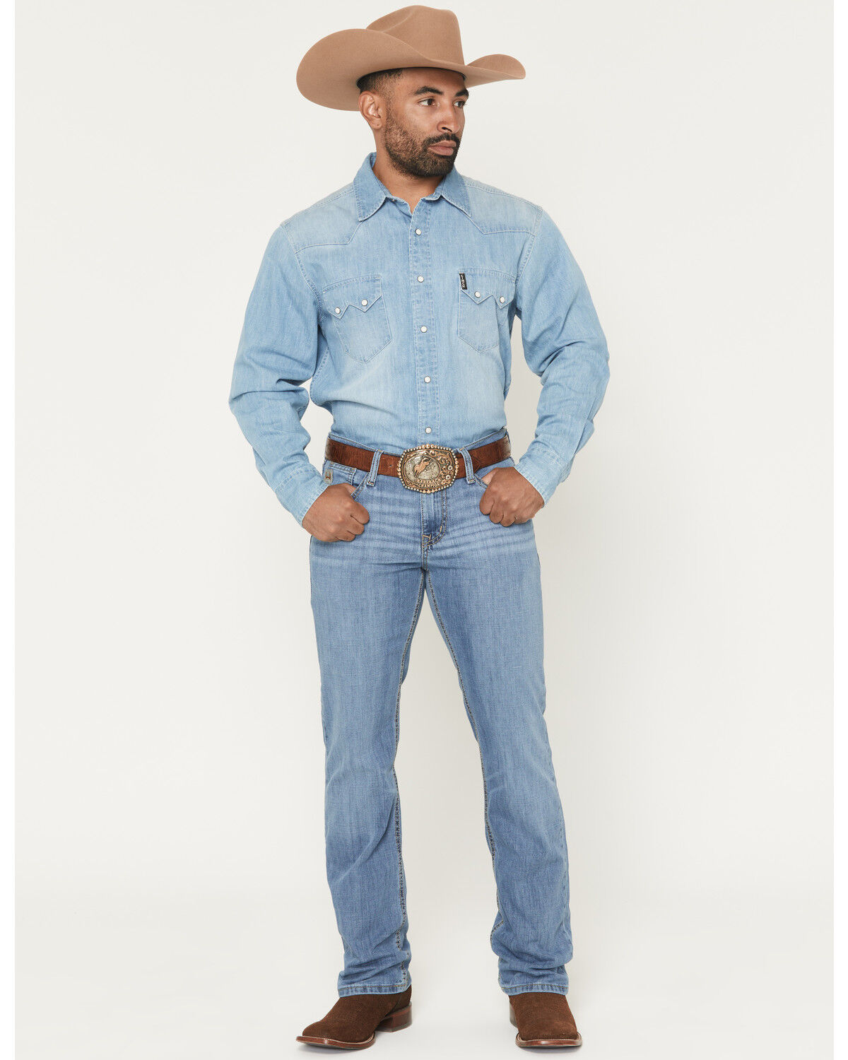 Image #1 - Cinch Men's Light Wash Ian Slim Bootcut Performance Stretch Denim Jeans, Indigo, hi-res