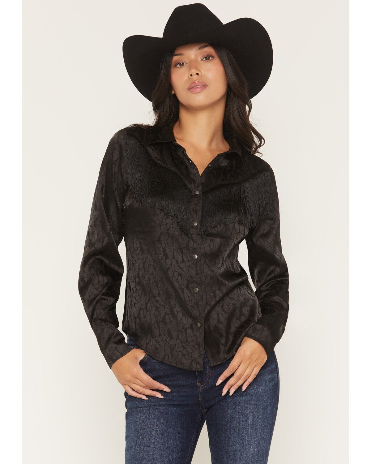 Shyanne Women's Roberta Long Sleeve Fringe Satin Button-Down Western Shirt, Black, hi-res