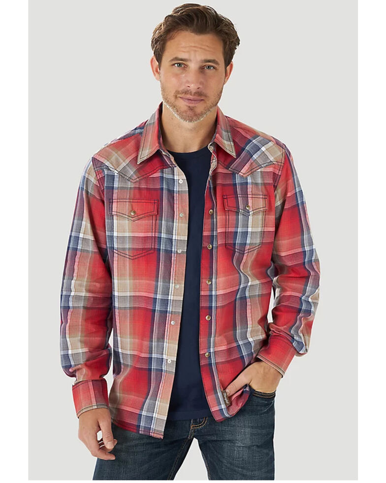 Wrangler Retro Men's Plaid Long Sleeve Snap Western Shirt, Red, hi-res