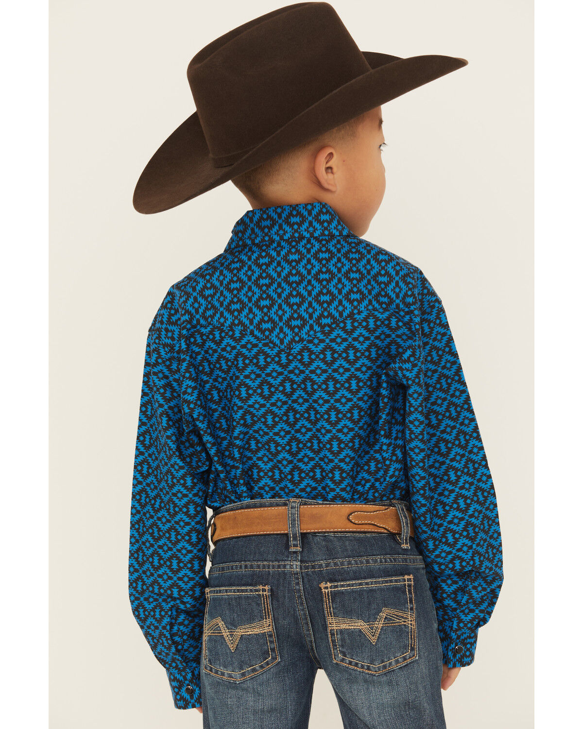 Image #4 - Roper Boys' Southwestern Print Long Sleeve Snap Western Shirt, Blue, hi-res