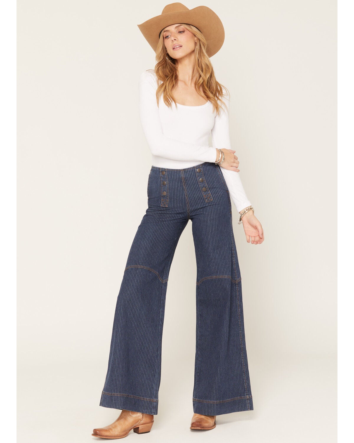 Image #1 - Kimes Ranch Women's Dark Wash Striped High Rise Sophie Wide Leg Stretch Denim Jeans, Dark Wash, hi-res
